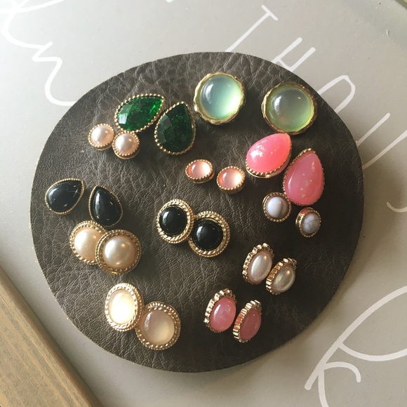 12 Pairs Retro Opal Enamel Stud Gold Earrings Set - Picture 11 of 11